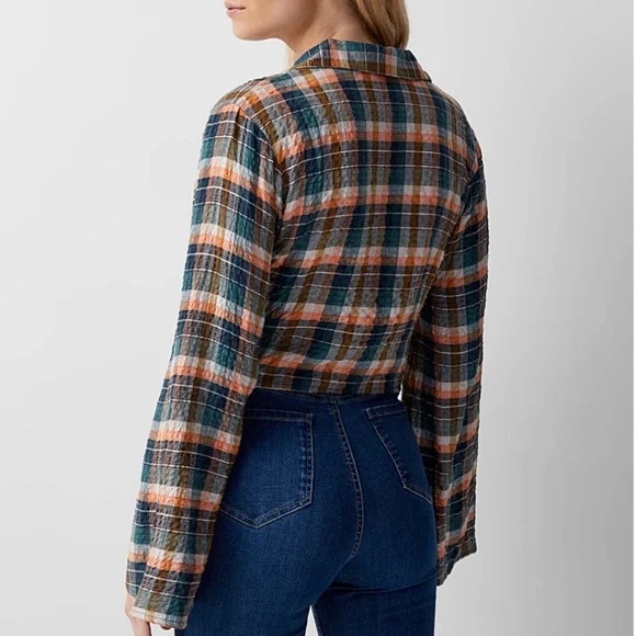 Green and brown boho flared sleeves gauze flannel cropped shirt NWT - Picture 2 of 7